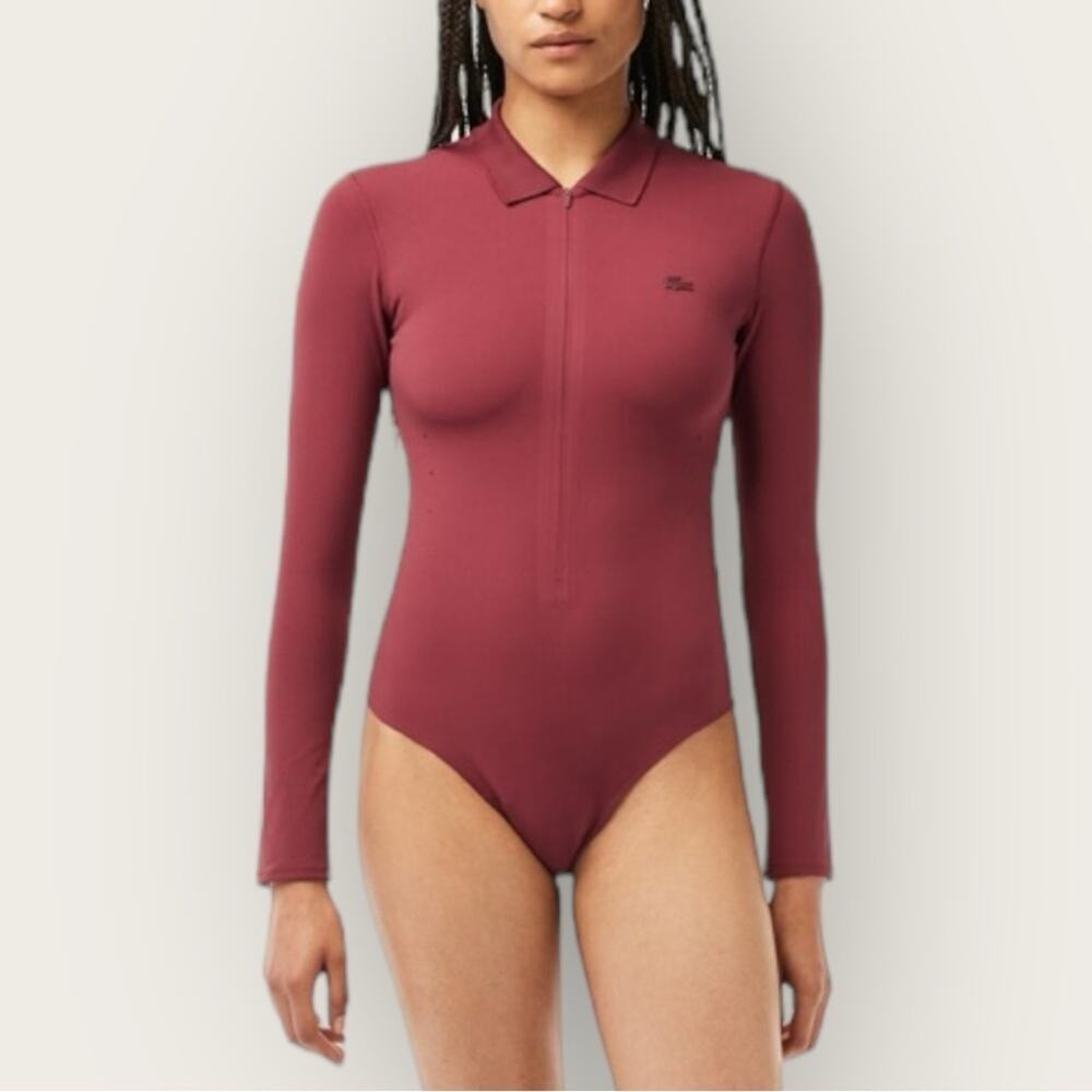 NWT | Lacoste | Collard Zip-up Bodysuit | Burgundy | Size 34 = S